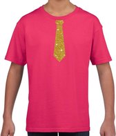 Roze fun t-shirt met stropdas in glitter goud kinderen - feest shirt voor kids 158/164