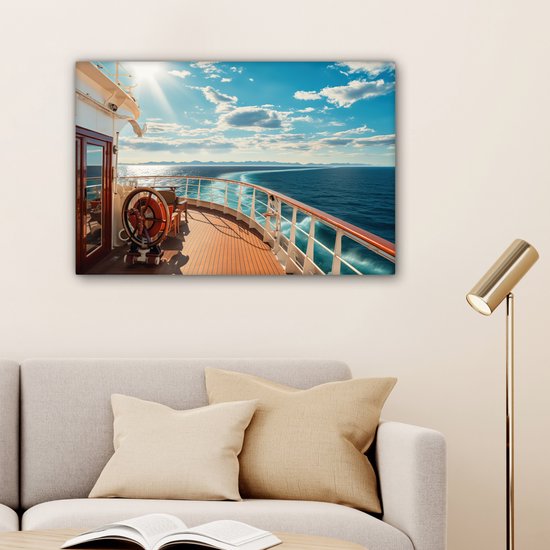 Tableau sur toile Bateau - Water - Mer - Navigation - Montagnes - Soleil - Maritime - 180x120 cm - Décoration murale XXL