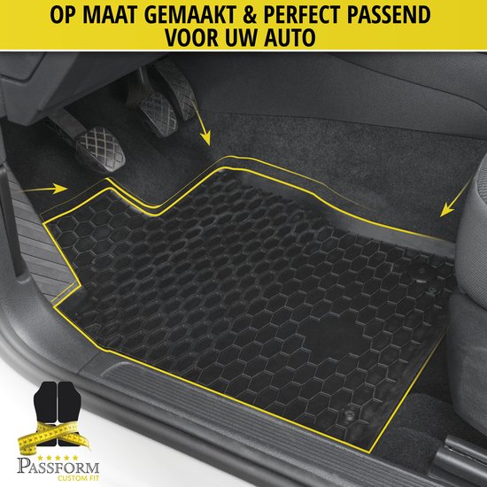Tapis de sol en caoutchouc noir à motif en nid d'abeille, sur mesure pour une voiture, avec marquage jaune et logo Passform.