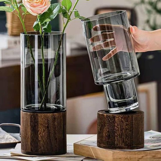 Glazen bloemenvaas, moderne cilindervaas, handgemaakte kristalheldere glazen vaas met houten sokkel, bloemenbloem, plantencontainer voor thuis, kantoor, decoratie, cadeau voor bruiloft