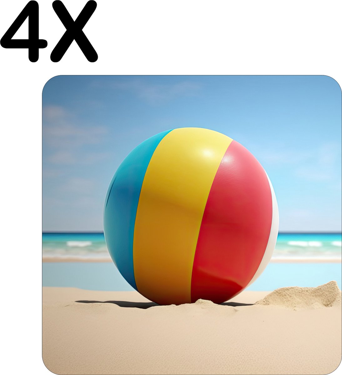 BWK Luxe Placemat - Strandbal op het Strand bij een Zonnige Dag - Set van 4 Placemats - 50x50 cm - 2 mm dik Vinyl - Anti Slip - Afneembaar