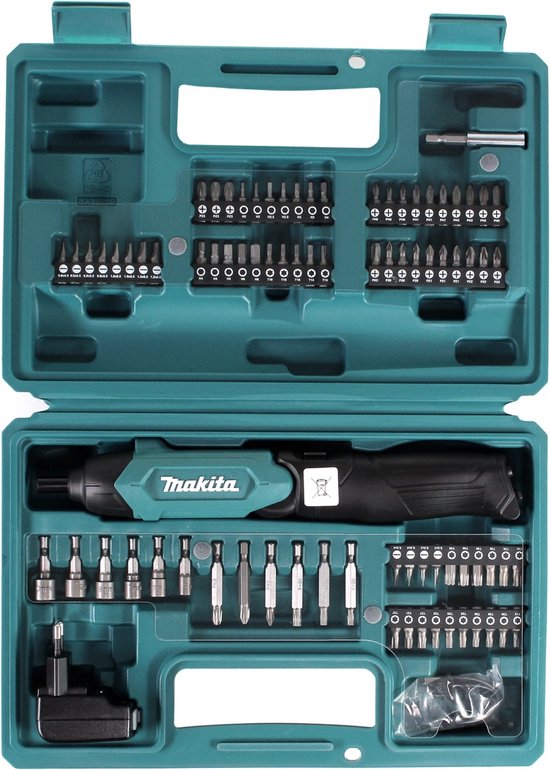 Turquoise koffer met schroevendraaier en vele bits.