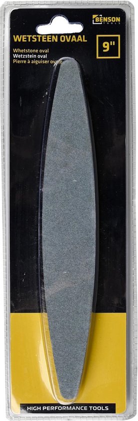 Benson 9" ovale slijpsteen in verpakking. Tekst: WETSTEEN OVAAL, Whetstone oval, Wetzkstein oval, Pierre à aiguiser ovale.