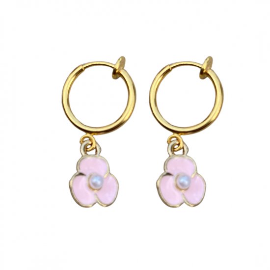 Klem oorbellen -bloem- roze- pareltje- goudkleurig- geen gaatje- Charme Bijoux