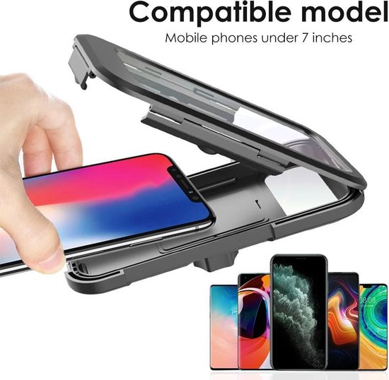 Telefoonhouder voor mobiele telefoons van minder dan 7 inch. Meerdere compatibele modellen afgebeeld.