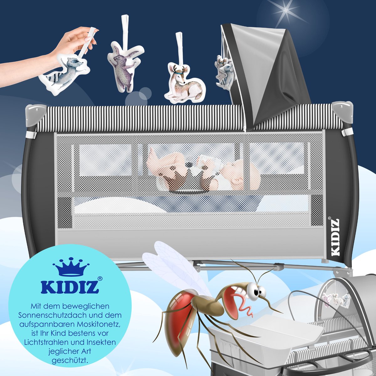 KIDIZ Campingbedje 3-in-1: opvouwbare reiswieg met luiertafel thumbnail 3