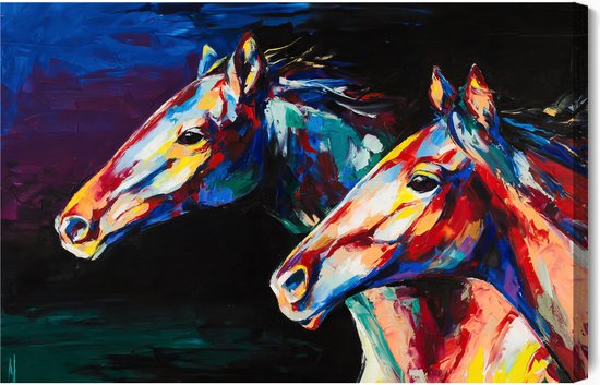 Schilderijkoning - Canvas Schilderij Kleurrijke Abstracte Paarden - 70 x 50 cm
