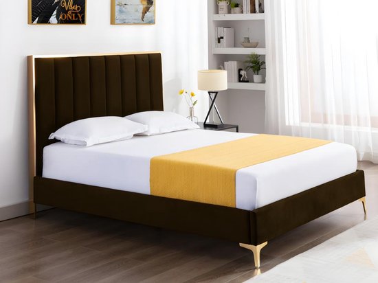 Lit 160 x 200 cm avec tête de lit surpiqûres verticales - Velours - Marron  et doré +... | bol.