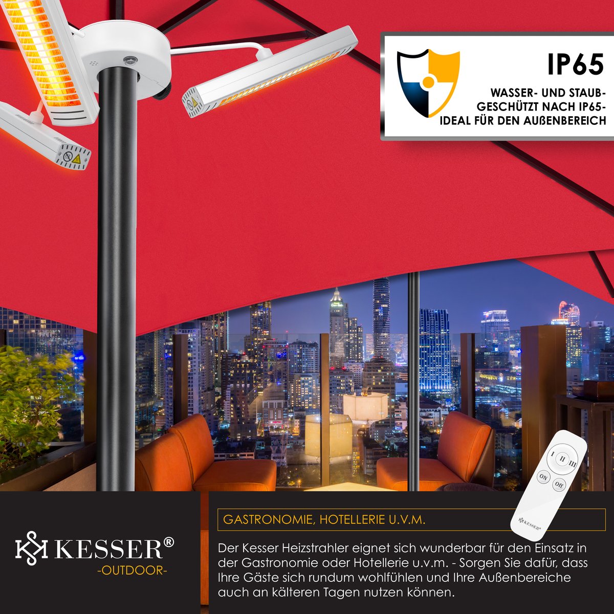 KESSER® Terrasverwarmer 3000W Elektrische Kachel voor Parasol - Infrarood Verwarming Heater Sfeervolle Verwarmer met Afstandsbediening IP65 Weerbestendig - Zilver – foto 7