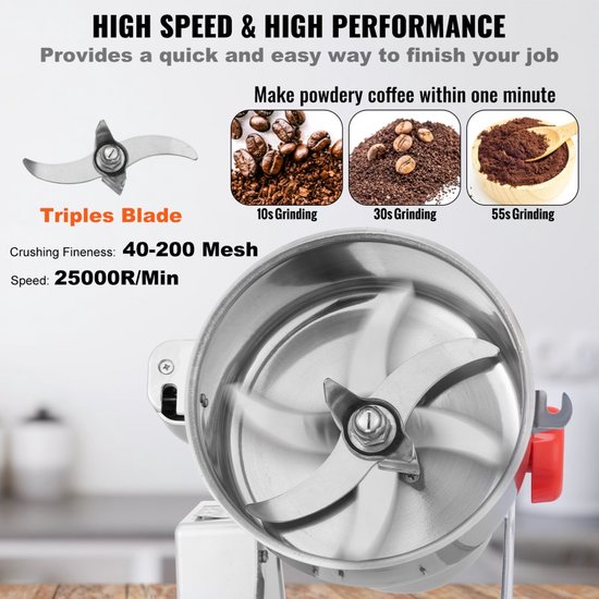 draagbare graanmolen 700g Grinder 2500W multifunctionele keukenmolen roestvrijstalen molen poedermachine timing droge molen — afbeelding 2