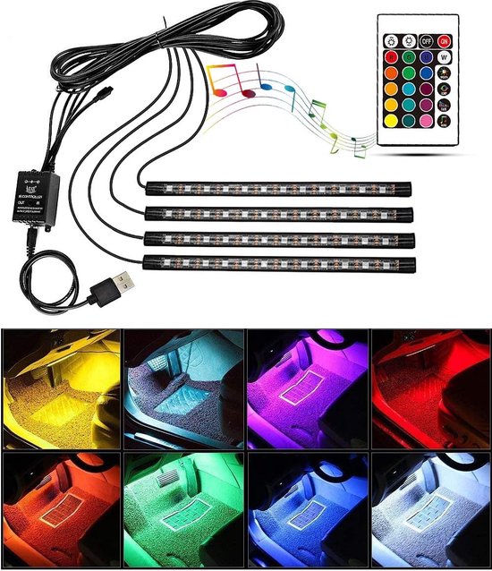 Interieur Auto LED-verlichtingsstrip muziek geluid-geactiveerd en afstandsbediening 4-in-1 waterdicht verlichtingsbalk RGB-sfeerverlichting voor in de auto