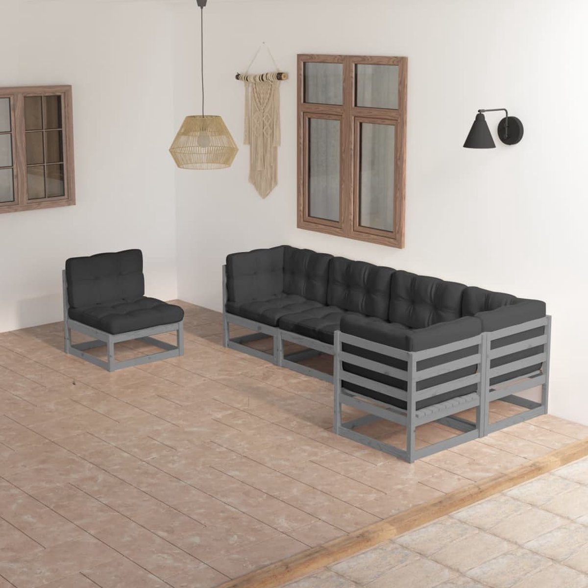 The Living Store 6-delige Loungeset met kussens massief grenenhout - Tuinsets - Lounge Sets - Buitendecor - Houten Bank - Terrasfurniture