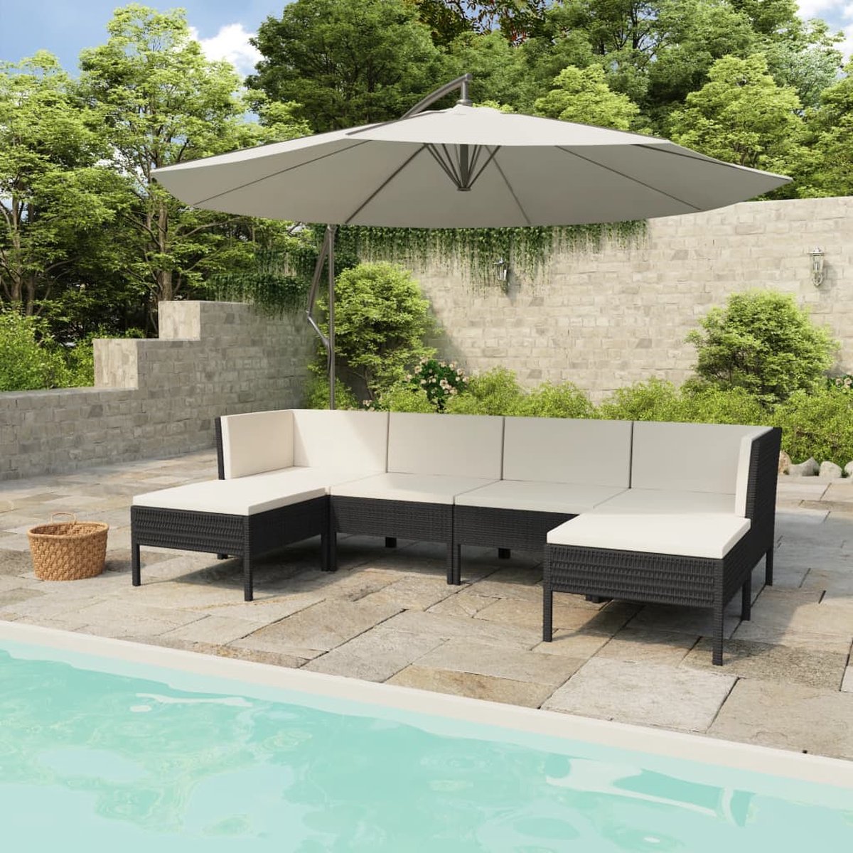 The Living Store 6-delige Loungeset met kussens poly rattan zwart - Loungeset - Tuinset - Buis Meubilair - Loungestoel - Outdoor Furniture