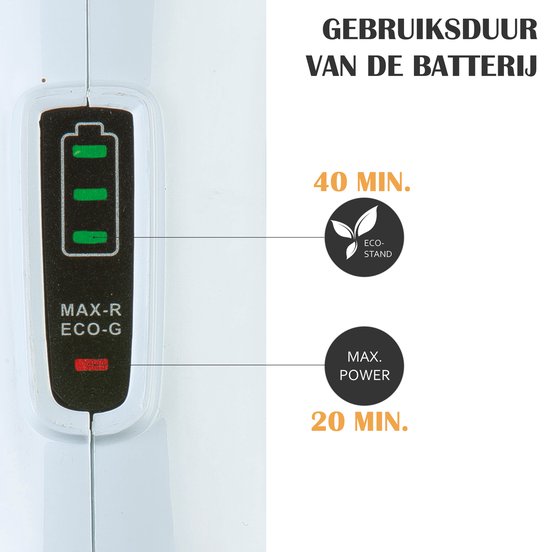 Batterij indicator van de witte en oranje steelstofzuiger. 40 minuten in Eco-stand, 20 minuten in Max Power.