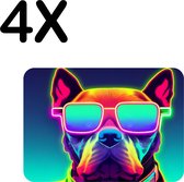 BWK Stevige Placemat - Hond met Zonnebril in Neon Kleuren - Set van 4 Placemats - 40x30 cm - 1 mm dik Polystyreen - Afneembaar