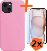 Hoesje Geschikt voor iPhone 15 Hoesje Siliconen Cover Case Met 2x Screenprotector - Hoes Geschikt voor iPhone 15 Hoes Back Case - Lichtroze