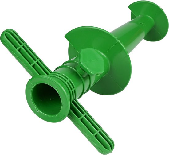 Groene parasolhouder met schroefdraad, handvat en extra ring.