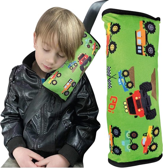 auto slaapkussen voor kinderen - machine wasbaar - zacht autogordelkussen, gordelbeschermer, gordelkussen, autokussen, reiskussen, vakantie - 30x12cm (Monster Trucks)