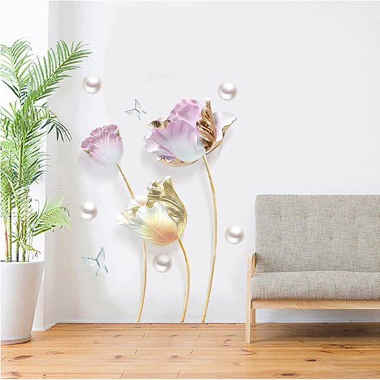 Grands Stickers muraux à Bloem 3D, Fleurs dorées, sparadrap Art mural pour  salon