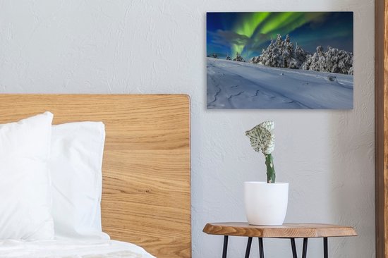 Aurores boréales au-dessus d'un paysage d'hiver avec des arbres toile 2cm 30x20 cm - petit - Tirage photo sur toile (Décoration murale salon / chambre) / phénomènes naturels Peintures sur toile