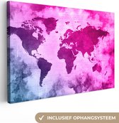 Canvas Wereldkaart - 60x40 - Wanddecoratie Wereldkaart - Blauw - Roze