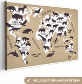 Canvas Wereldkaart - 90x60 - Wanddecoratie Wereldkaart - Sepia - Dieren