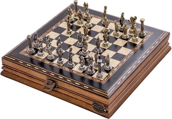 Handgemaakte houten schaakbord met opbergsysteem - Metalen Schaakstukken - Luxe uitgave - Schaakspel - Schaakset - Schaken - Chess - 25 x 25 cm
