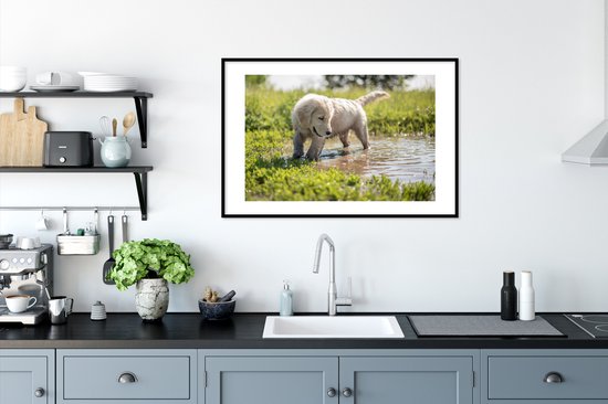 Photo encadrée - Puppy jouant dans un étang cadre photo noir avec passe partout blanc 60x90 90x60 cm - Affiche encadrée (Décoration murale salon / chambre)