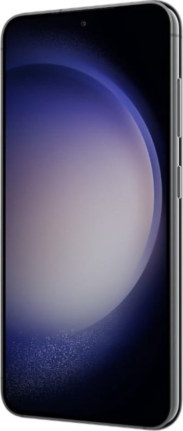 Zwarte Samsung Galaxy S23 met scherm met paarse en grijze cirkels.