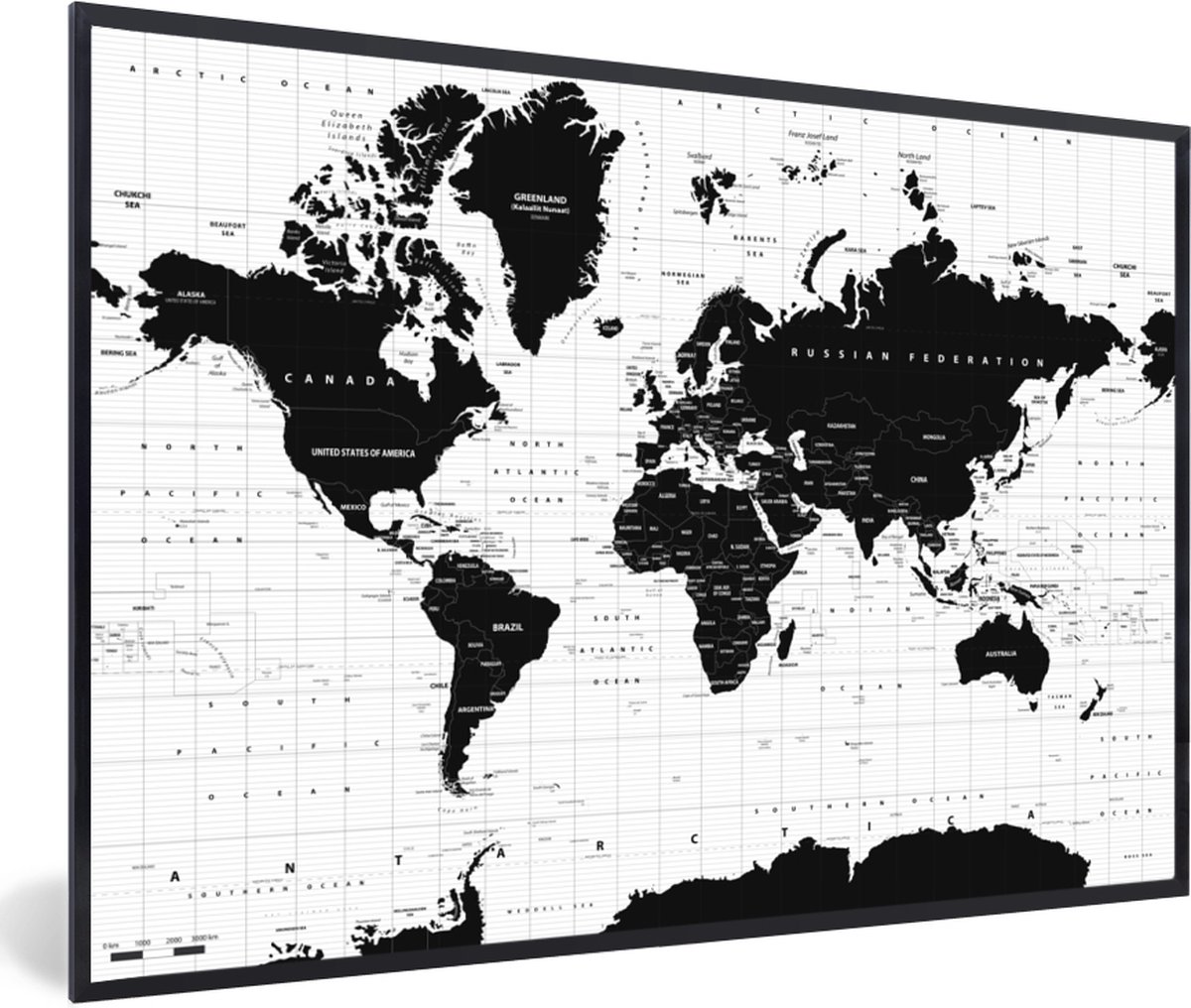 Poster in lijst - Fotolijst 30x20 cm - Posters - Wereldkaart - Zwart - Wit - Atlas - Aarde - Educatief - Posterlijst zwart - Decoratie - Wanddecoratie woonkamer - Muurdecoratie slaapkamer