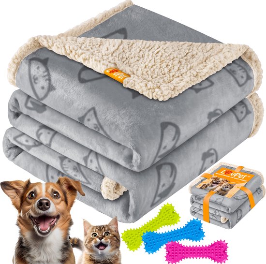 LOVPET® Hondendeken Bank inclusief 3x Toy Bones - Waterdichte Huisdierdeken Sherpa Fleece Deken voor Hond Kat Huisdier - Kattendeken Bankbeschermer Wasbaar Hondenmand Bankhoes - Grijs / L 101cm - 127cm