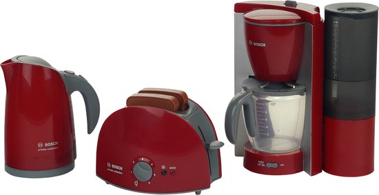 Klein Toys Bosch speelgoed keukenapparaten ontbijt - koffiezetapparaat - broodrooster - waterkoker - rood