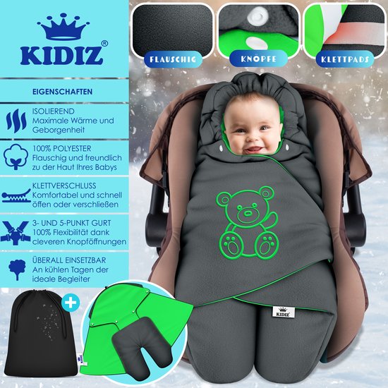 KIDIZ® Baby Slaapzak voor Buggy Voetenzak voor Autostoeltje & Wandelwagen Babyschaal, voor Winter met Kap + Babyslaapzak Deken voor Maxi-Cosi & Kinderwagen alle Gordelsystemen 3 & 5-Puntsgordel - Antraciet / Groen van Merkloos — afbeelding 5