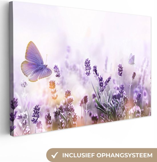 Canvas Schilderij Lavendel - Vlinder - Paars - Bloemen - Natuur - 30x20 cm - Wanddecoratie