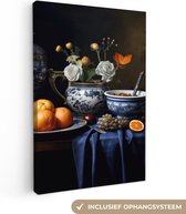 Canvas schilderij 90x140 cm - Wanddecoratie Stilleven - Fruit - Bloemen - Delfts blauw - Hollands - Muurdecoratie woonkamer - Slaapkamer decoratie - Kamer accessoires - Schilderijen