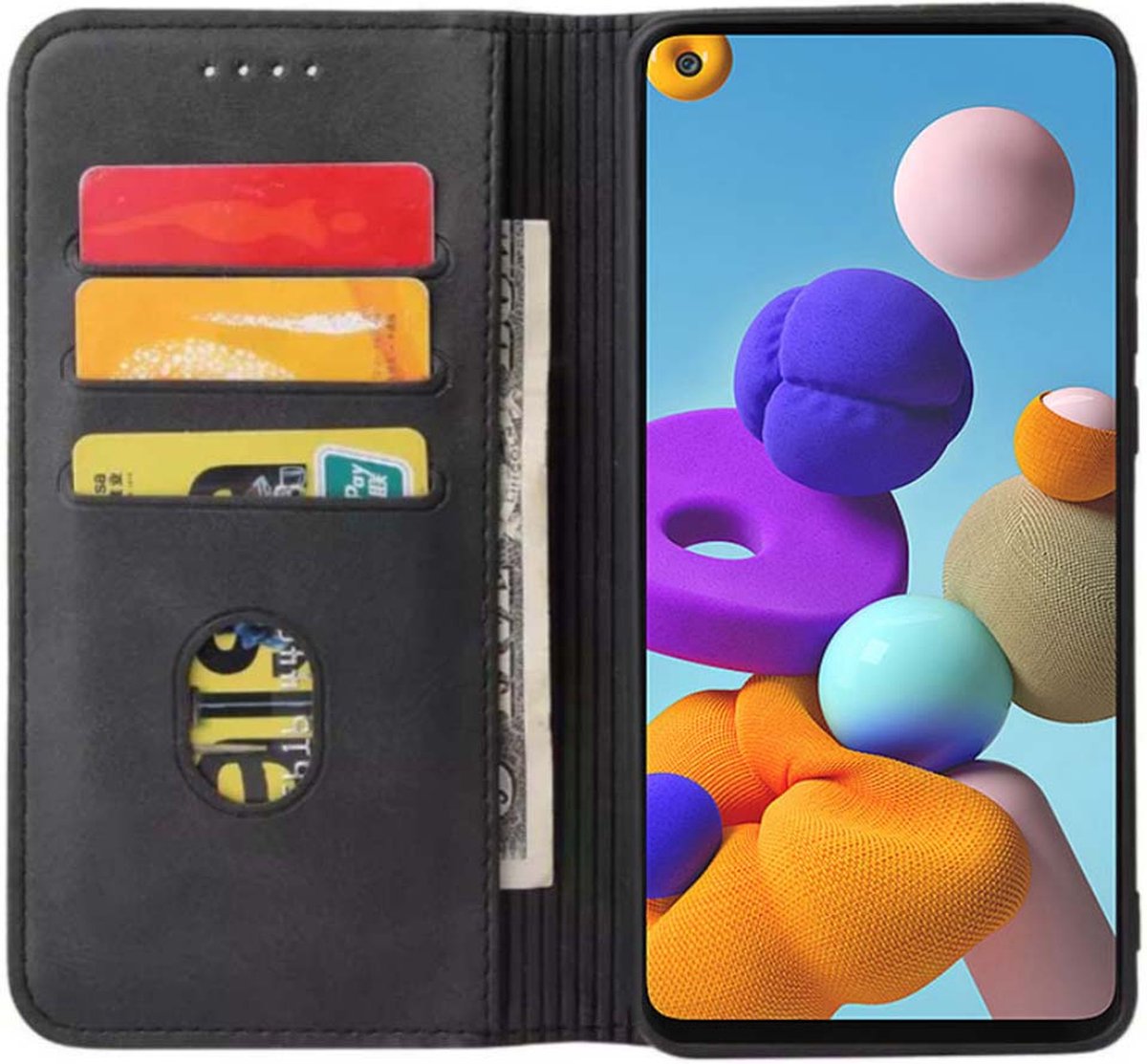 Smartphonica Samsung Galaxy A21 kunstleren hoesje met magnetische sluiting en pashouders book case - Zwart geschikt voor Samsung Galaxy A21