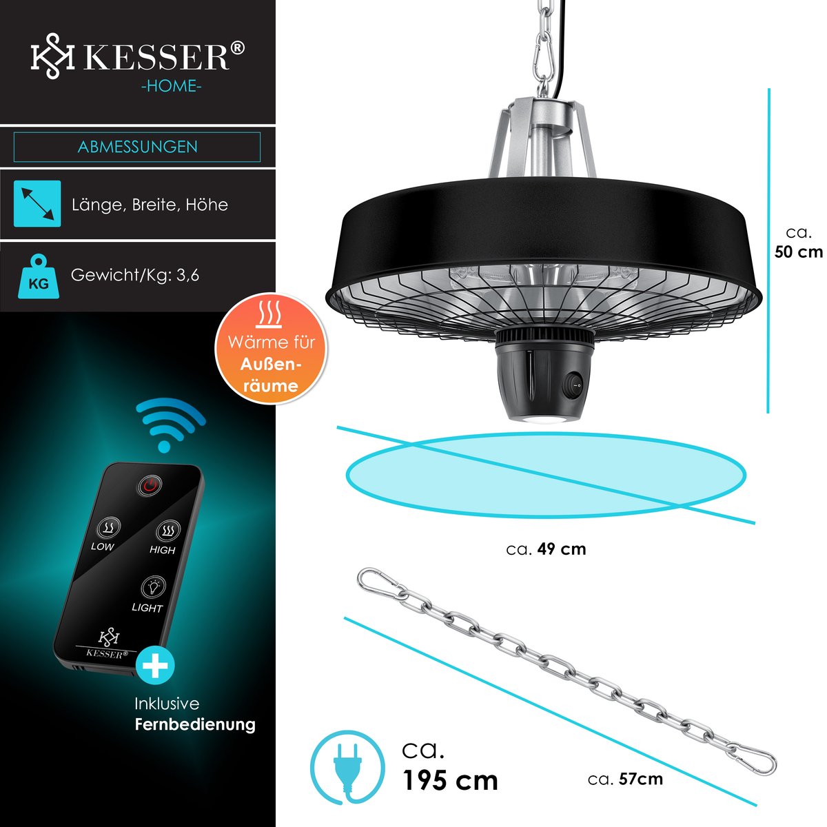 KESSER Terrasverwarmer Elektrisch 2500 W – Infrarood Heater voor Plafond en Wand, Hangende Terrasheater voor Buiten – foto 3