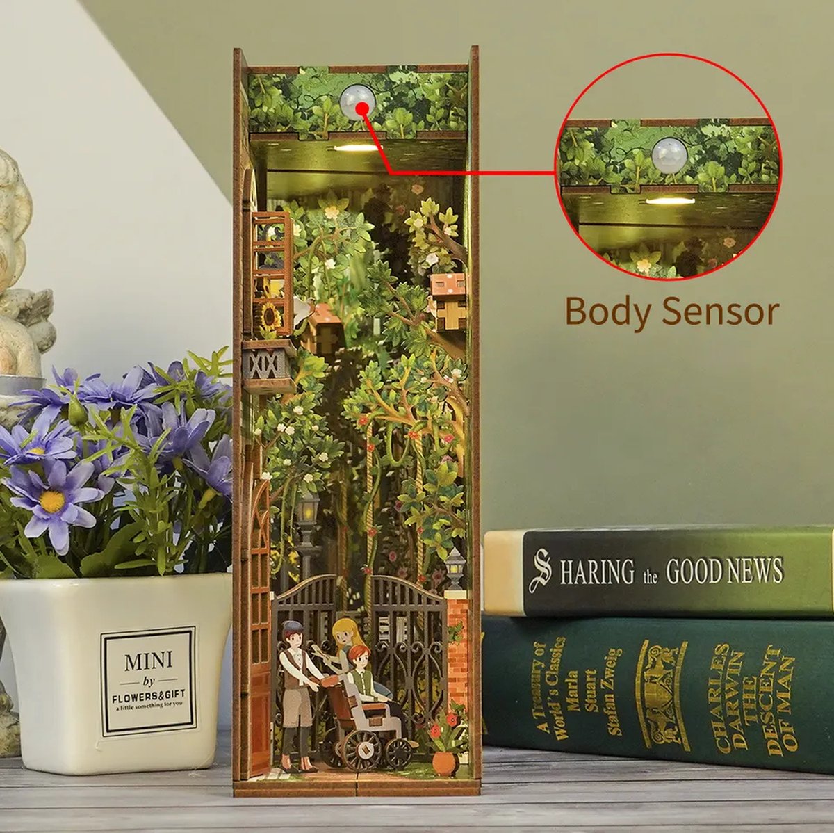 Tonecheer The Secret Garden Book Nook Bouwpakket - Modelbouw - 18,2 x 8 x 24,5 cm - Houten 3D Puzzel - Boekensteun - LED-licht - Bewegingssensor Licht - Boekenhouder — afbeelding 11
