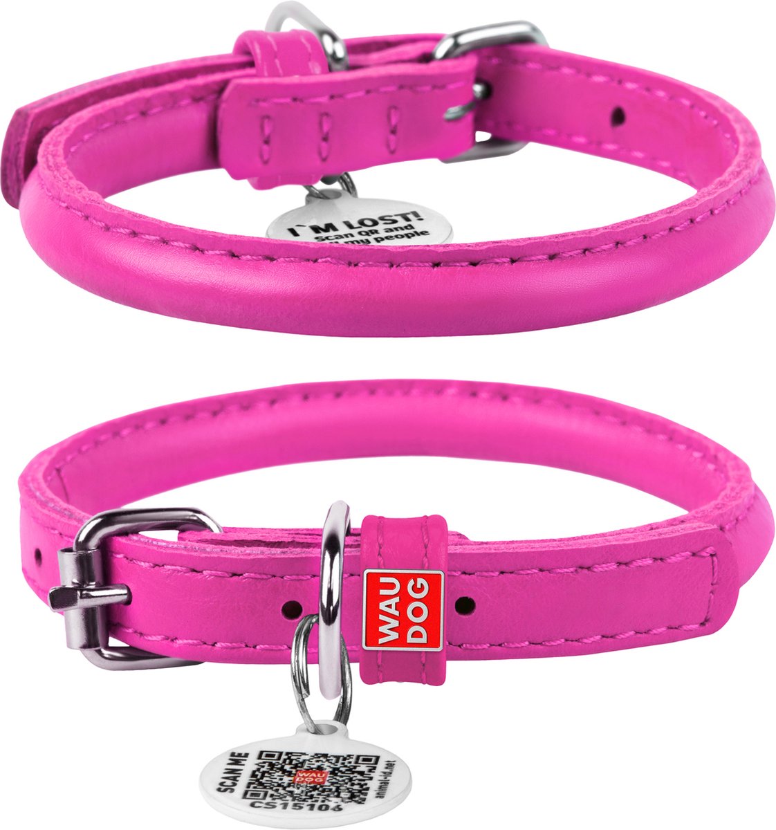 WAUDOG Glamour Rolled Halsband - Rond leder - Gratis QR-tag - Roze - XS - Diameter: 6 mm - Nekomtrek: 17 - 20 cm (GELIEVE VOORAF BESTELLEN OPMETEN)