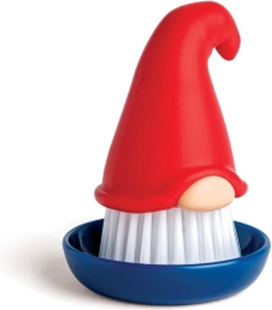 Rode gnome-afwasborstel met witte haren, in een blauw bakje.