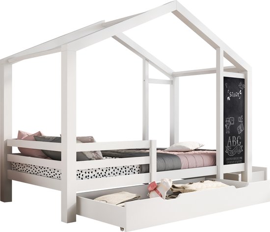 Huis Bed Kinderbed Jeugdbed 90X200 Met Opslag Plank Open Haard Vorm Wit Veelzijdig Houten Kinderbed Voor Jongens & Meisjes
