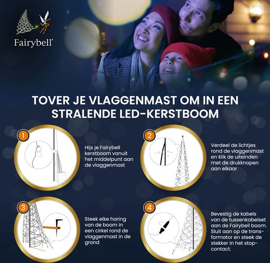 Fairybell LED Buiten Kerstboom voor in de vlaggenmast - 8 meter - 1500LEDs - Warm wit met twinkle - Fairybell