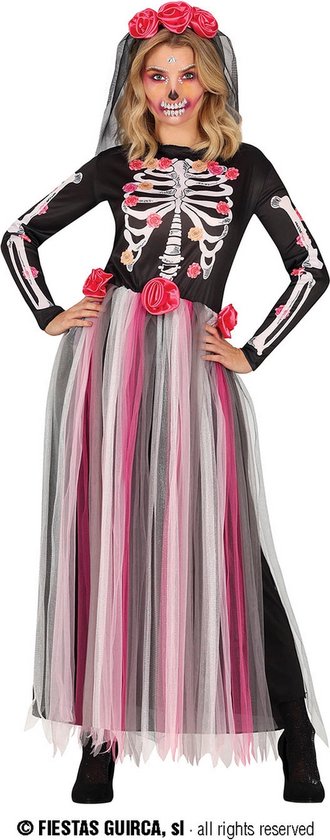 Guirca - Spaans & Mexicaans Kostuum - Flower Kill Day Of The Dead - Vrouw - Roze, Zwart - Maat 42-44 - Halloween - Verkleedkleding