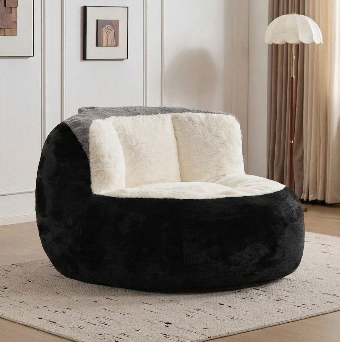 OKWISH Zitzak 106 x 110 x 77 Cm - Met Rugleuning En Schuimvulling - Voor Woonkamer En Leeshoek - Imitatiebont - Zwart Wit Grijs Multicolor