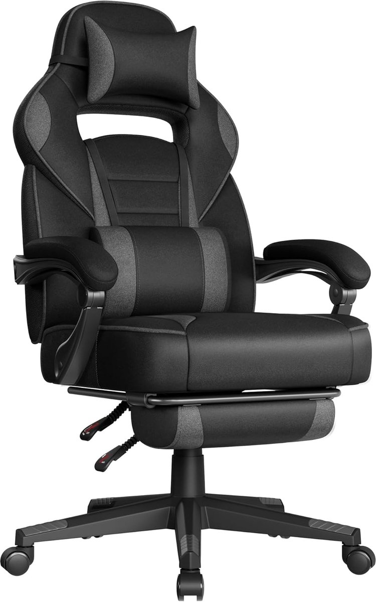 Gamestoel, ergonomisch, uitschuifbare voetsteun | kussen, lendenkussen, in hoogte verstelbaar, kantelbare rugleuning, draagvermogen tot 150 kg, CATHY Collection OBG073BH20