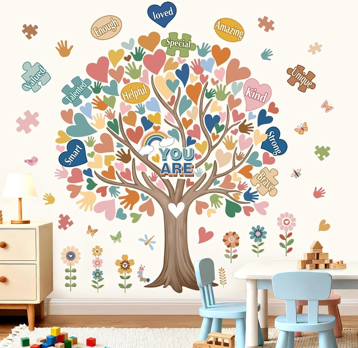 Boho Boom Wandstickers met Kleurrijke Hartjes, Bloemen en Inspirerende Citaten voor Kinderkamers, Scholen en Thuisdecoratie