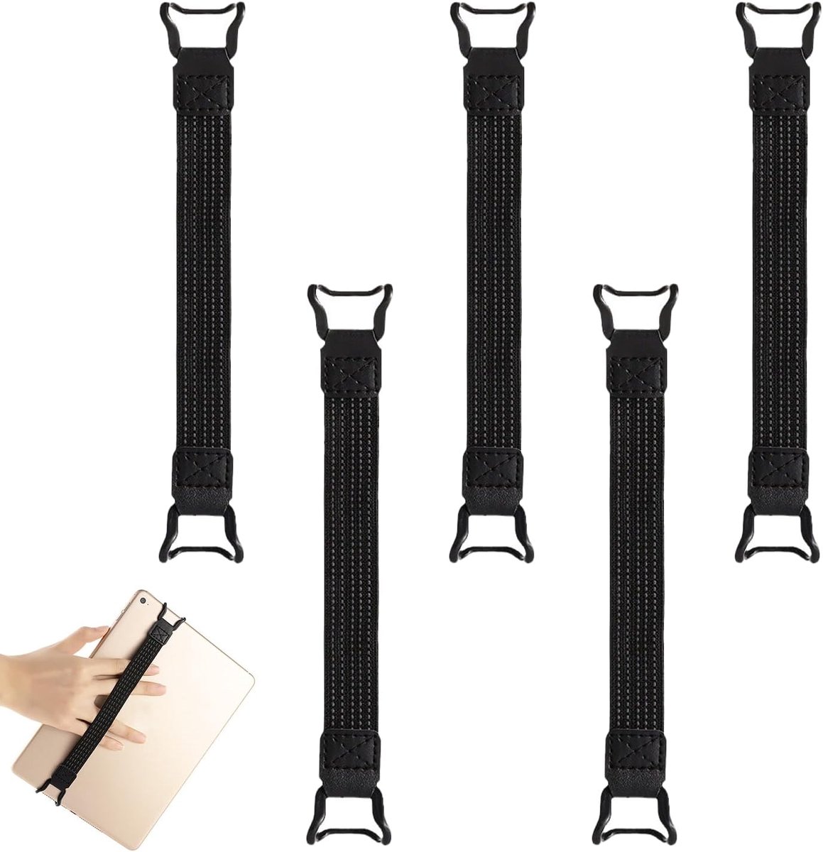 5 stuks universele tabletpolsband, vingerhouder, greephouder, zeer elastische veelzijdige bevestigingsband, tabletvingerhouder, handgreep, voor 6-12,9 inch tablets en e-readers, zwart