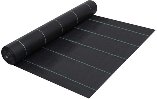 Zwart worteldoek met lichtblauwe strepen, opgerold en deels uitgerold op de grond.
