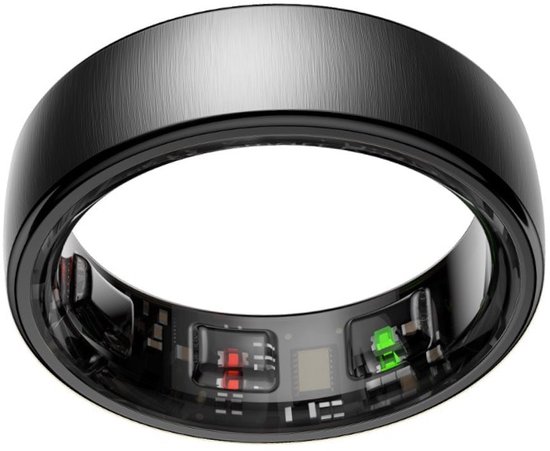 Bague intelligente NOLATR NEX noire avec LED et capteurs visibles à l'intérieur.