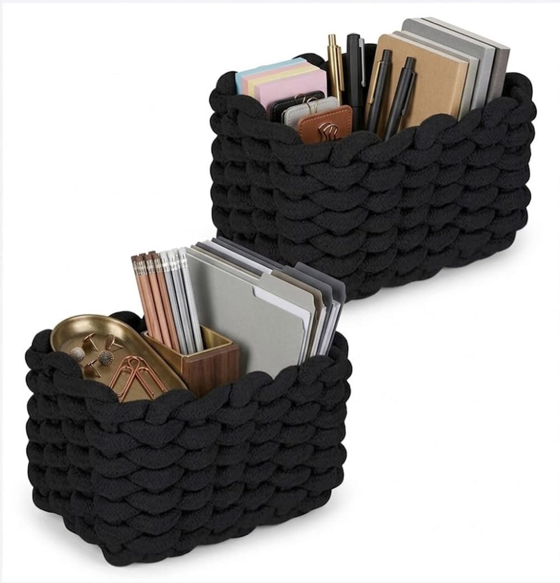 Opbergmand van Katoen, Gevlochten Mand voor Toiletpapier, Cosmetica en Speelgoed, 19 x 15 x 12 cm, Zwart, Set van 2, Ideaal voor Thuisdecoratie en Organisatie